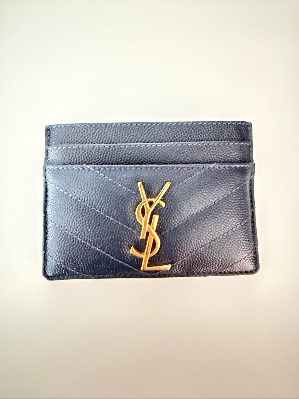 Saint Laurent Navy Quilted Leather Card Holder with Gold Logo